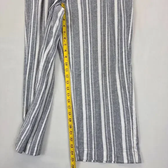 Loft Wide Leg Linen Pants Women M Gray White Striped Slash Pockets Tie Waist - Picture 6 of 11